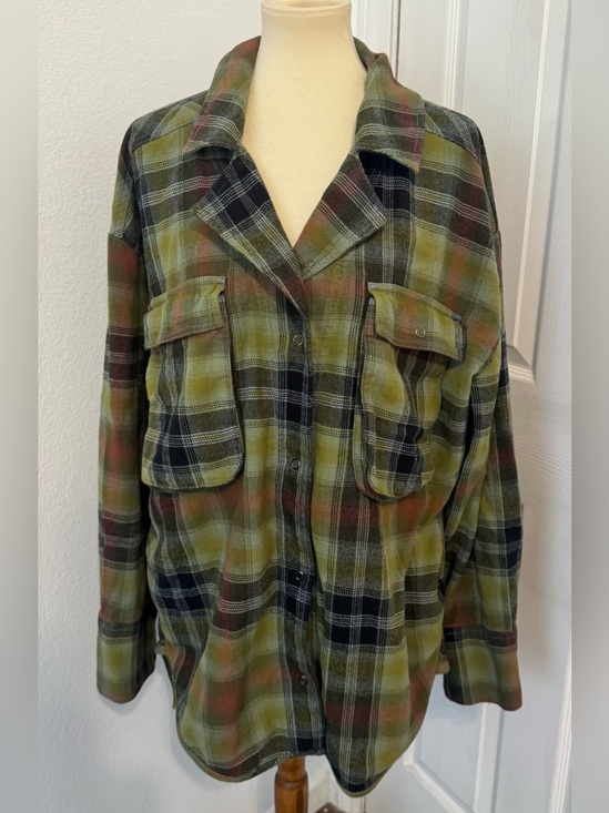 Tops - We The Free Izzie Cargo Shirt Plaid Flannel Shacket Grunge Oversized Olive Large